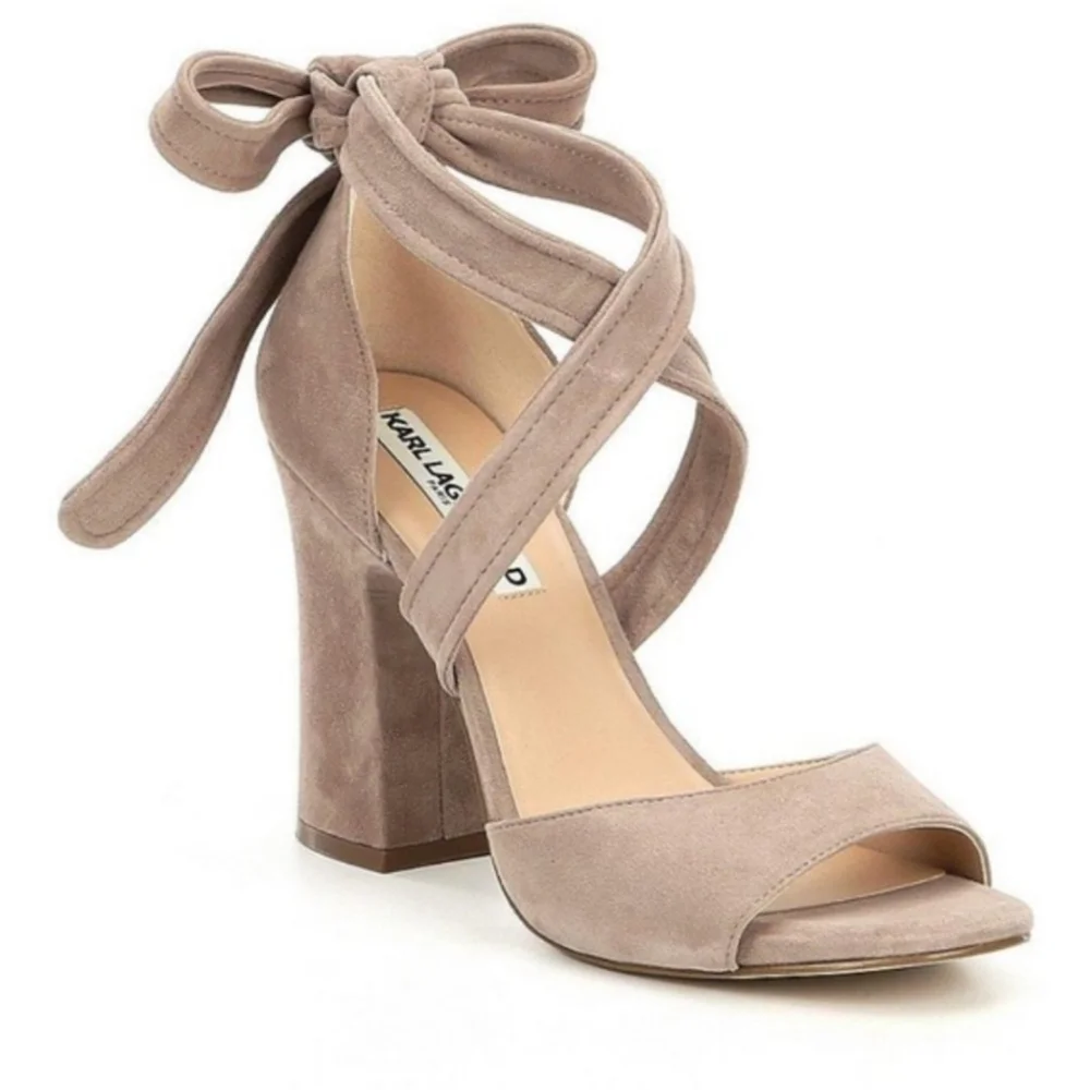 Karl Lagerfeld Suede Tie Up Ankle Heels Tan Nude Block Heel